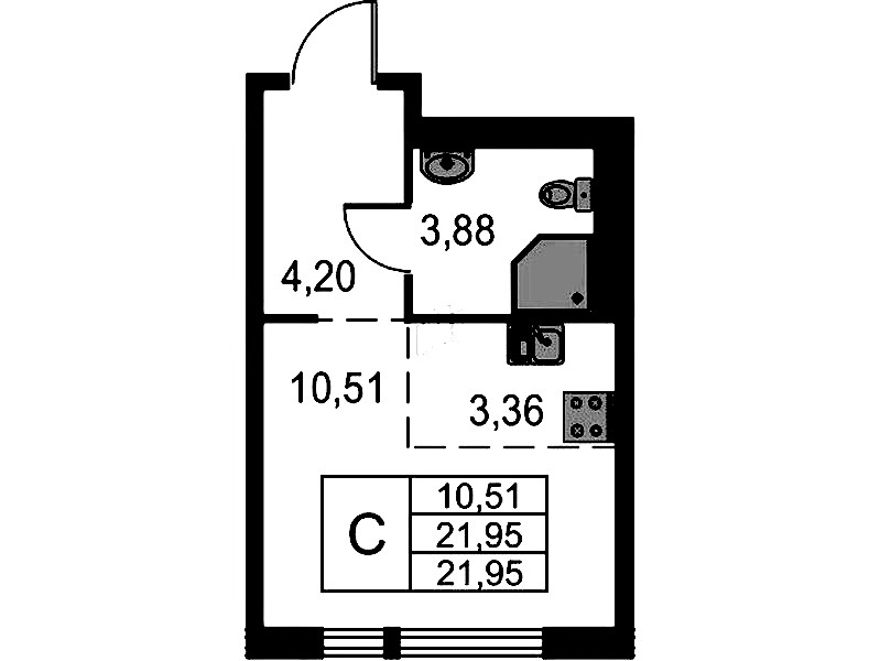 Квартира студия 21.95 м², 13/15 эт., ЖК «Невская Долина»